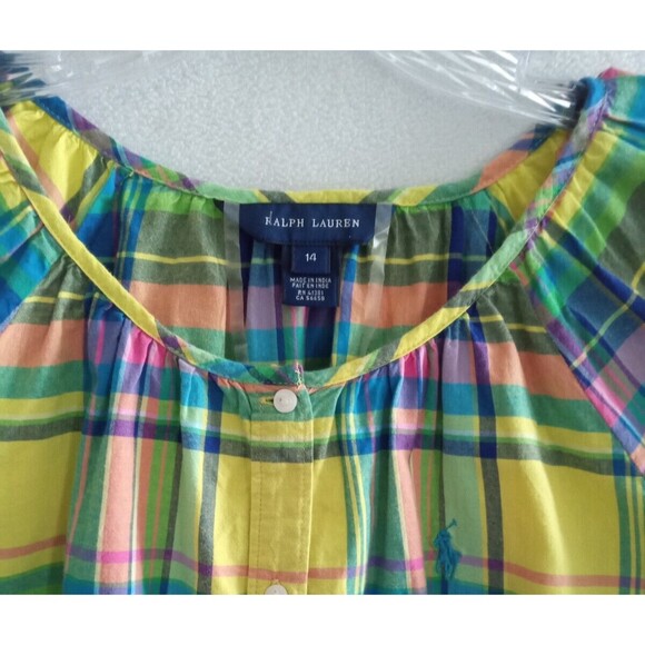 Ralph Lauren Top Girl 14 Multicolor Plaid Button Up Peasant Long Sleeves - Picture 3 of 10